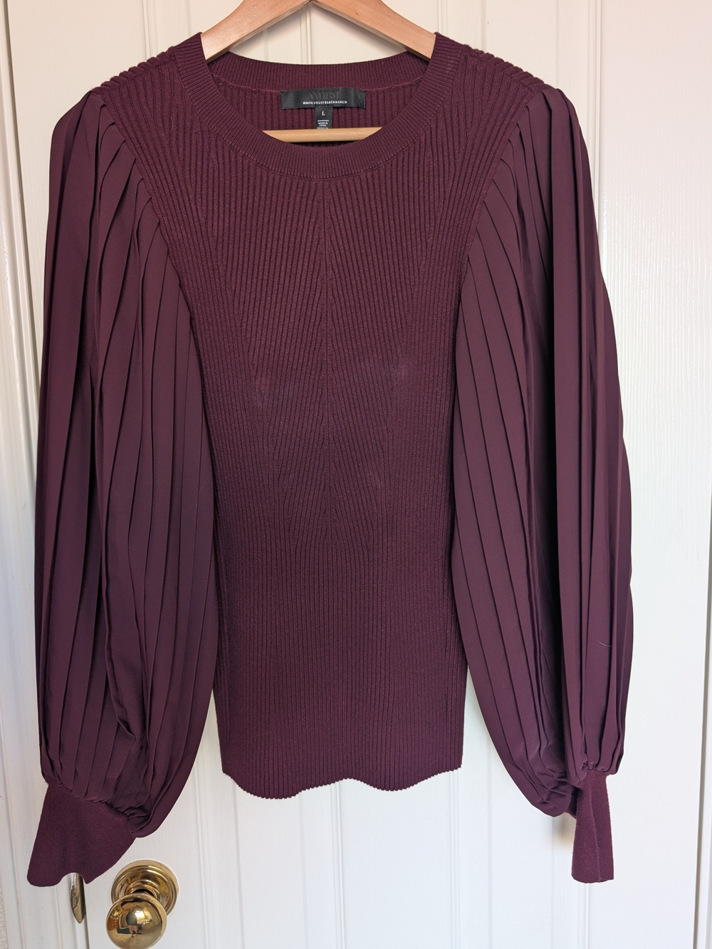 White House Black Market WHBM Burgundy Pleated Sleeve Sweater Top Size L